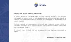 Esto fue lo único que informó el MI respecto al cambio de la máxima autoridad policial en Maldonado.