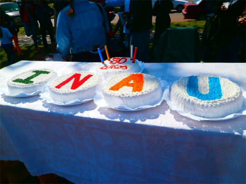 La gigantesca torta de cumpleaños, compartida por centenares de niños y adolescentes.