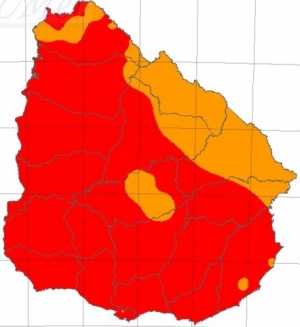 Situación a éste sábado en todo el país. En rojo toda el área en máximo riesgo de incendio forestal.