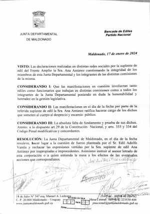 Declaración aprobada ante solicitud de una cuestión de fueros presentada por Adolfo Varela (PN)